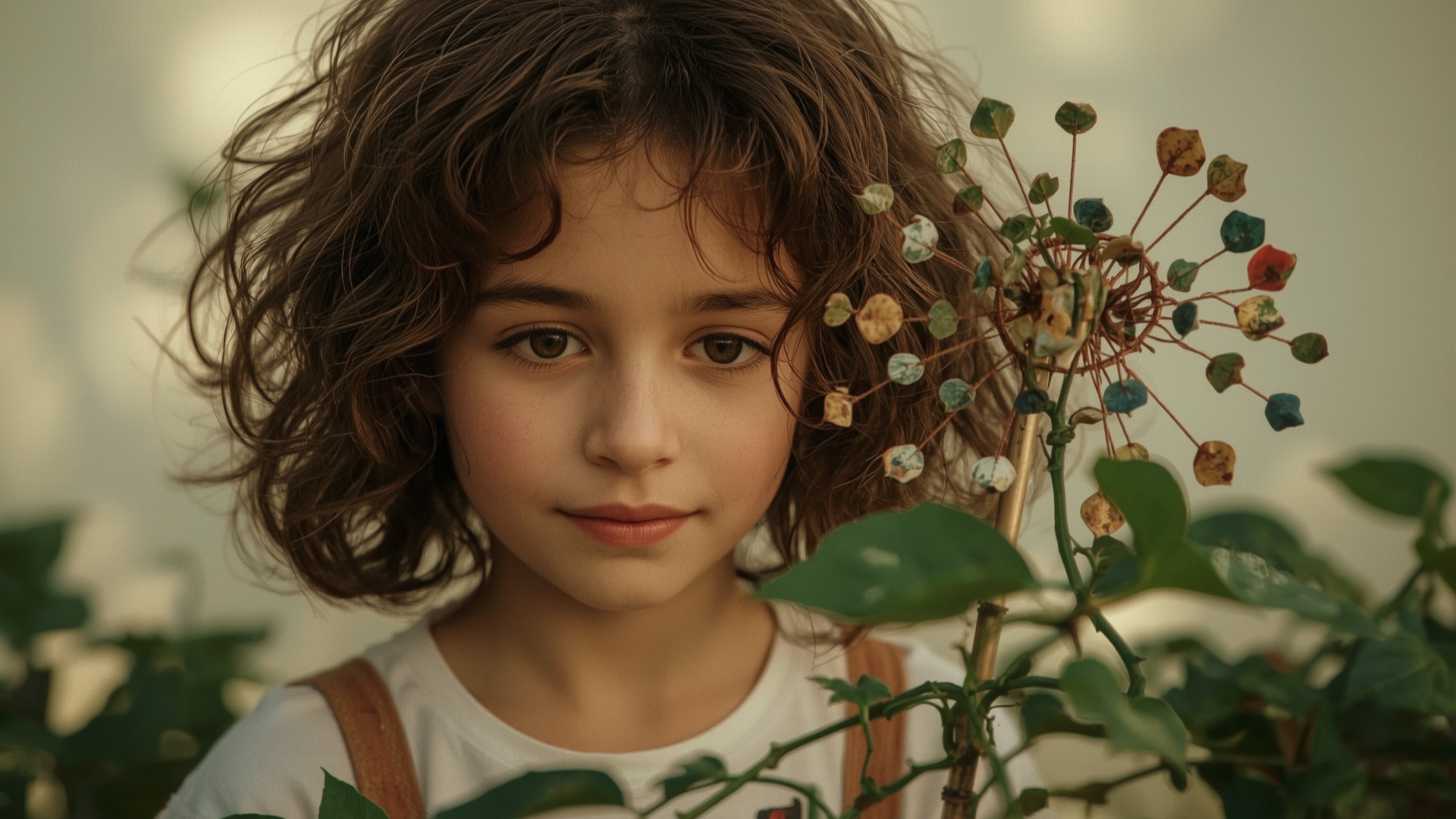 In a cinematic, whimsical photograph with a Pixar-esque flair, a bright-eyed, freckled, and curly-haired young homeschooled g
