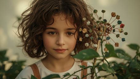 In a cinematic, whimsical photograph with a Pixar-esque flair, a bright-eyed, freckled, and curly-haired young homeschooled g