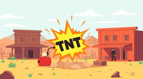 A lively and energetic illustration in a modern flat design style depicts a classic exploding TNT gag set in the Wild West.  