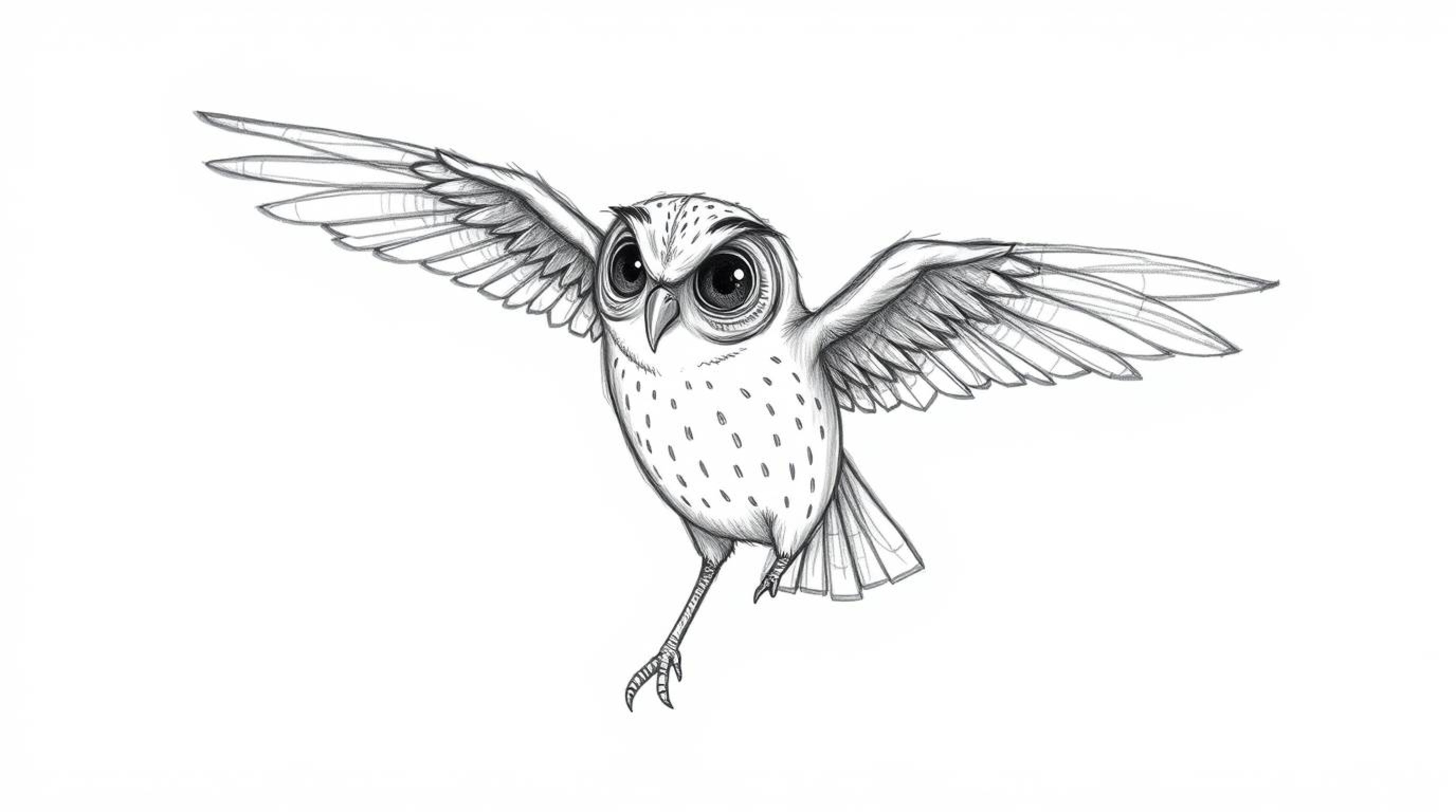A whimsical hand-drawn sketch in the style of Pixar showcases a blind owl with soft, textured pencil strokes, set against a c