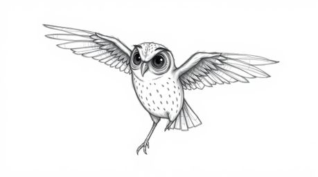 A whimsical hand-drawn sketch in the style of Pixar showcases a blind owl with soft, textured pencil strokes, set against a c