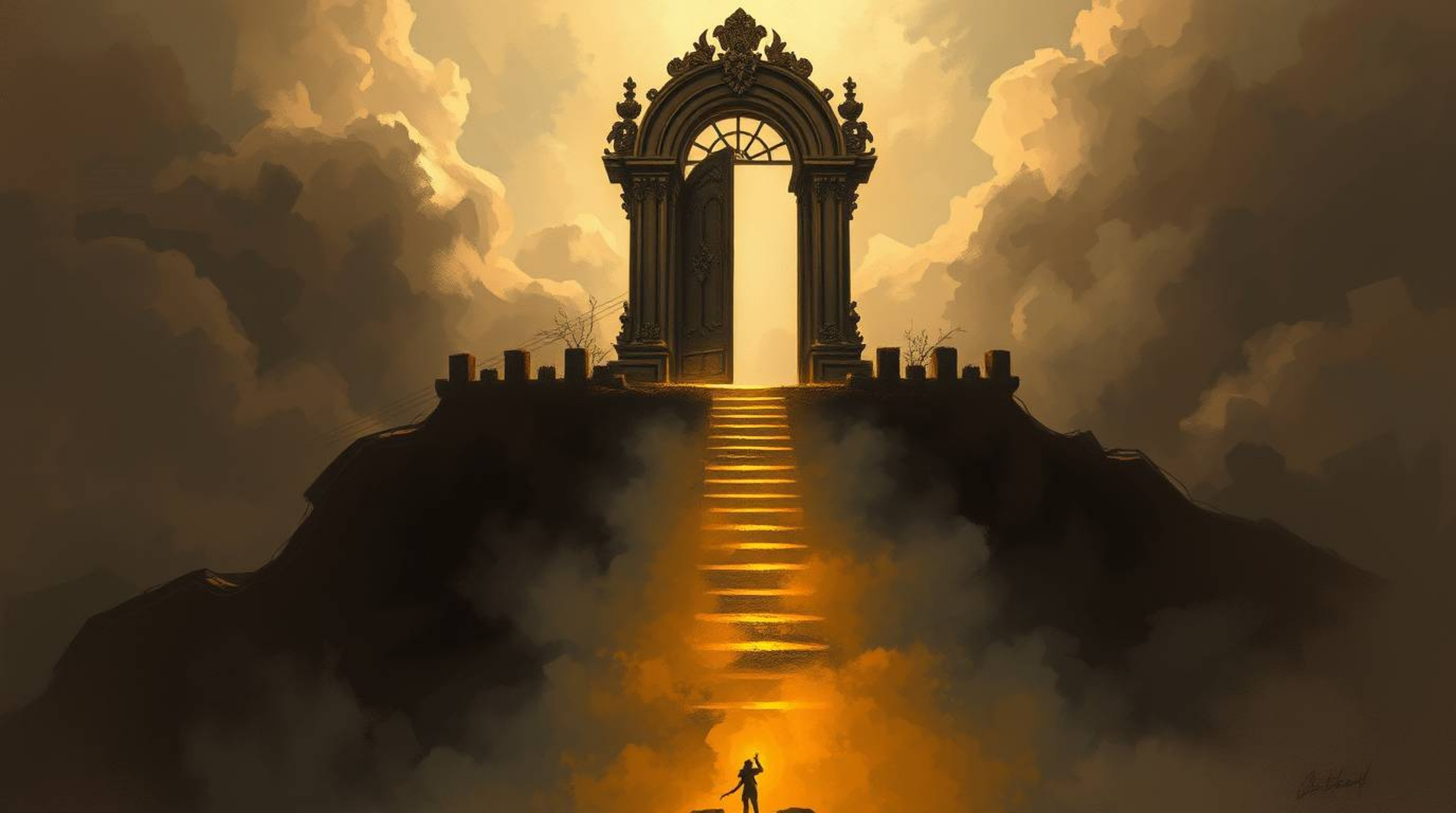 This digital sketch presents an eerie and creepy scene of a heavenly gate floating above misty clouds, with stairs leading up