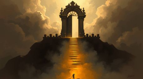 This digital sketch presents an eerie and creepy scene of a heavenly gate floating above misty clouds, with stairs leading up