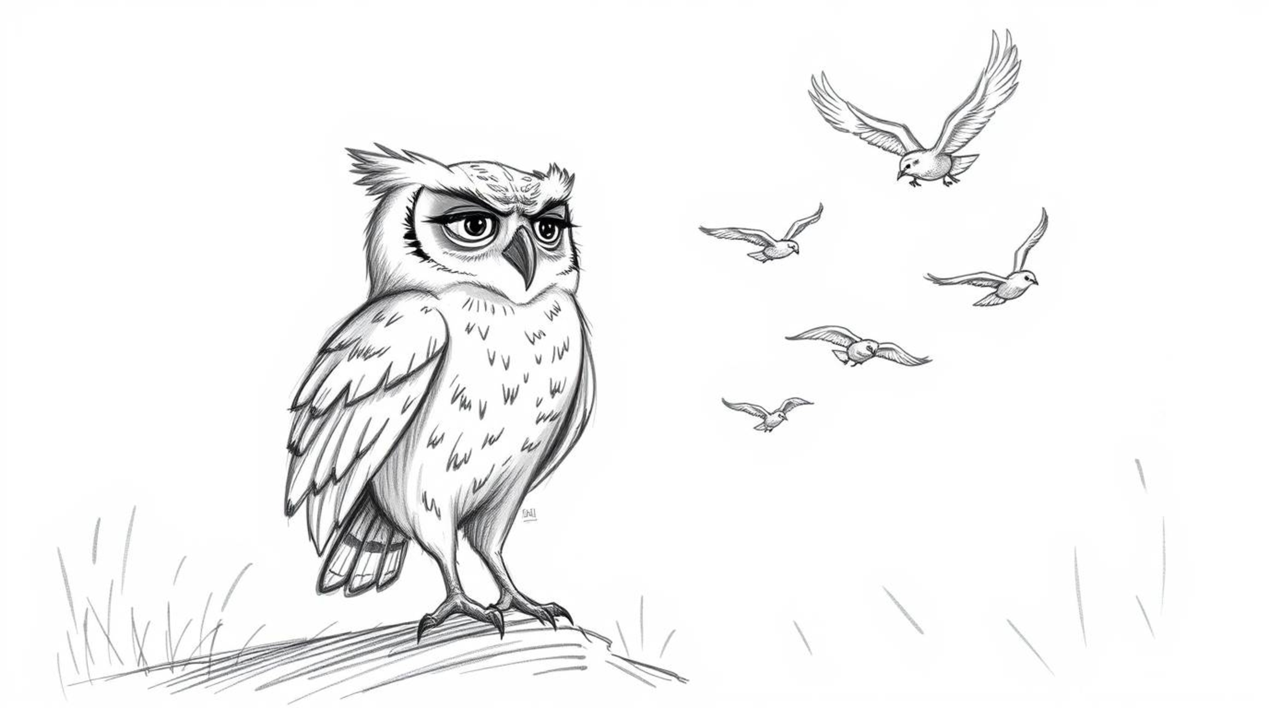 A heartwarming hand-drawn sketch in the style of Pixar depicts a wise, blind owl with soft feathers patiently teaching a floc
