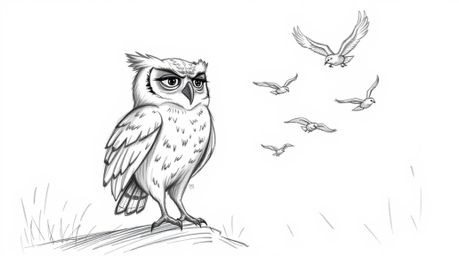 A heartwarming hand-drawn sketch in the style of Pixar depicts a wise, blind owl with soft feathers patiently teaching a floc