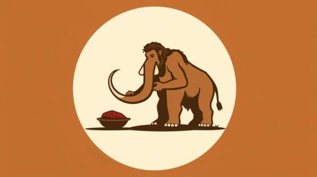This logo concept features a caveman skillfully cooking mammoth meat, presented in a modern and stylized fashion. The design 