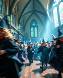 Immerse yourself in a magical school scene brimming with young wizards in constant, dynamic motion. Blurred lines capture the