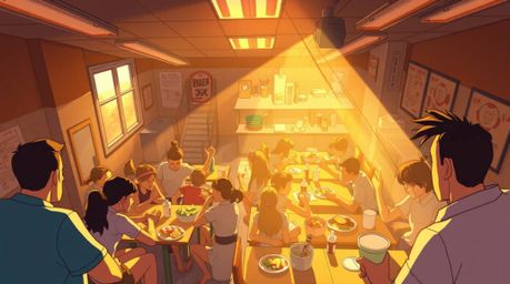 A whimsical animation depicting a wild food fight in a cartoon cafeteria.  Shot from a high angle perspective with warm, soft