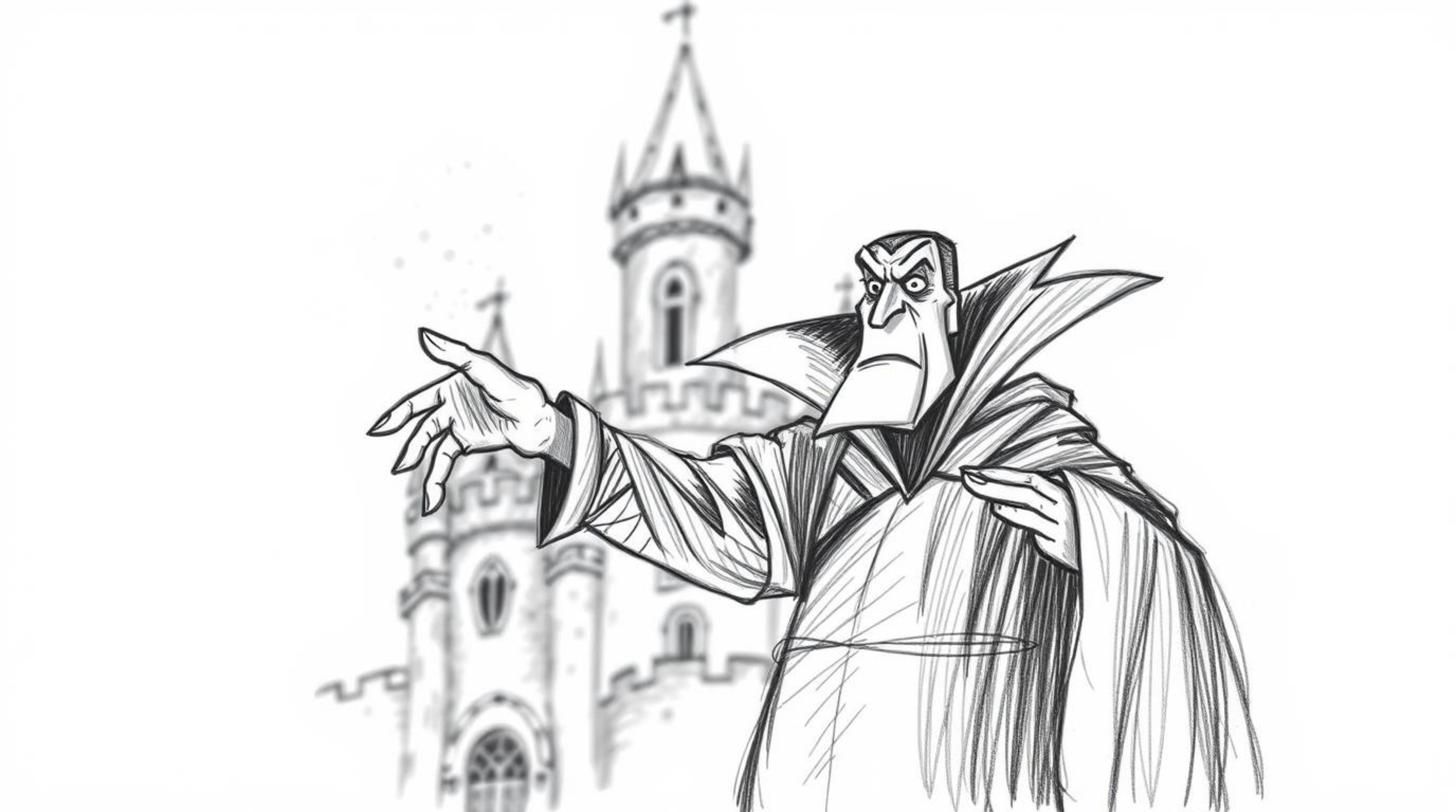 A captivating hand-drawn sketch depicts a classic Disney villain casting a spell within the aged walls of an old castle.  The