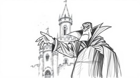 A captivating hand-drawn sketch depicts a classic Disney villain casting a spell within the aged walls of an old castle.  The