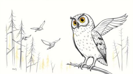 A captivating hand-drawn sketch depicts a blind owl with expressive eyes, guiding several birds in flight.  The scene unfolds