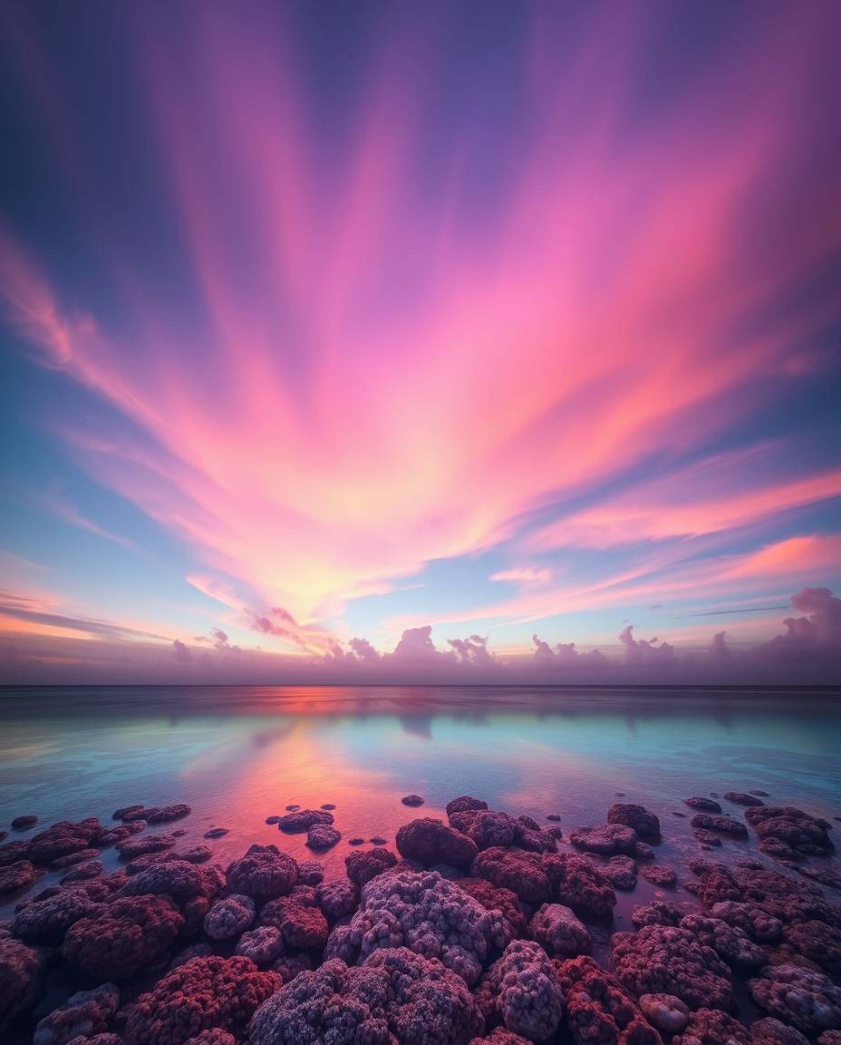 Creative light art in soft pastel colors depicts a colorful sky over a coral reef at low tide. This piece conveys a gentle an