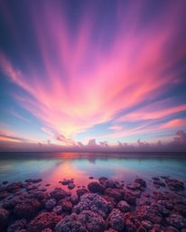 Creative light art in soft pastel colors depicts a colorful sky over a coral reef at low tide. This piece conveys a gentle an