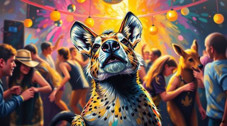A captivating acrylic painting depicts a lively animal dance party illuminated by dazzling disco lights.  The animals are sha