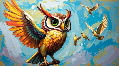 This artwork depicts a heartwarming scene of a blind owl, rendered in a vibrant and bold acrylic painting with a Pixar-inspir