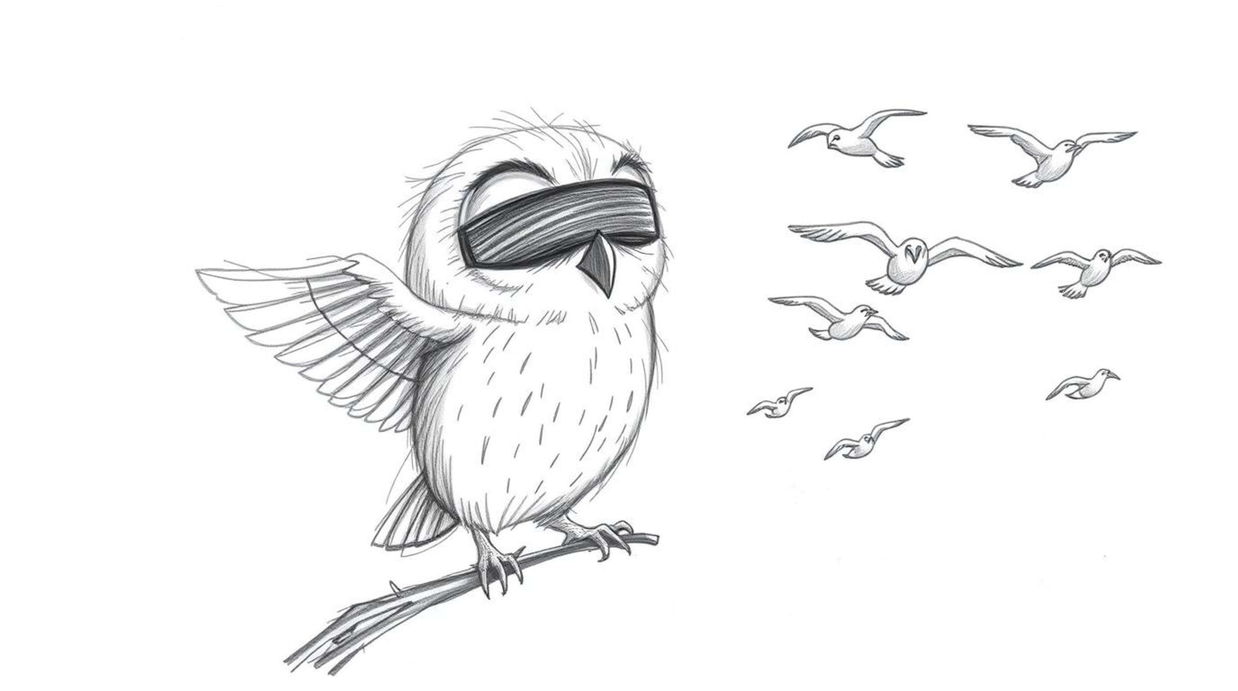 A hand-drawn sketch reminiscent of Pixar animation showcases a blind owl with gentle, slightly ruffled feathers, expertly gui
