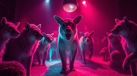 Experience the bizarre and captivating world of an animal dance party brought to life through surreal infrared tones and dram