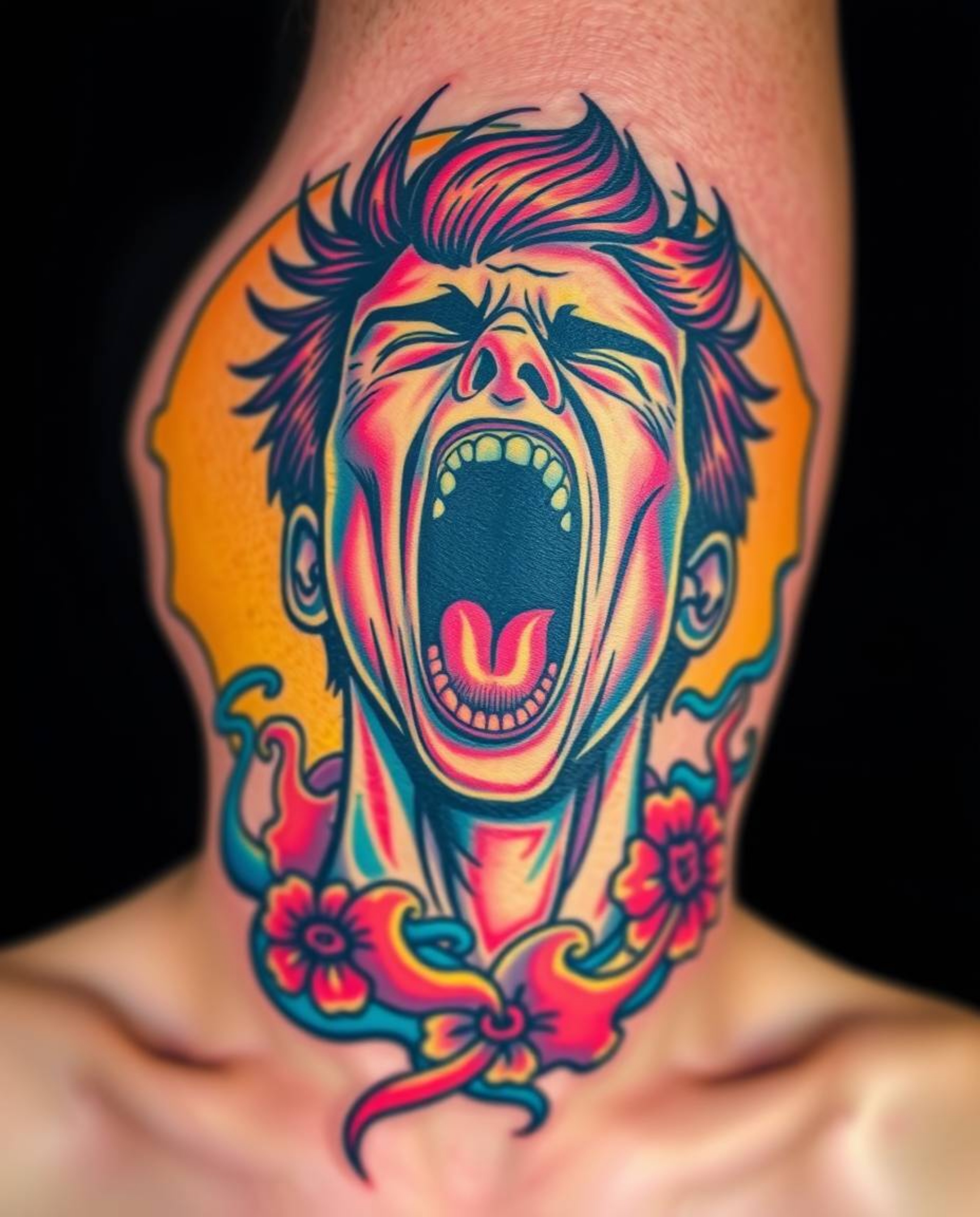 A captivating tattoo design features a screaming person amidst a world shattering into pixels, showcasing vibrant colors and 