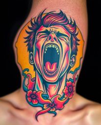 A captivating tattoo design features a screaming person amidst a world shattering into pixels, showcasing vibrant colors and 