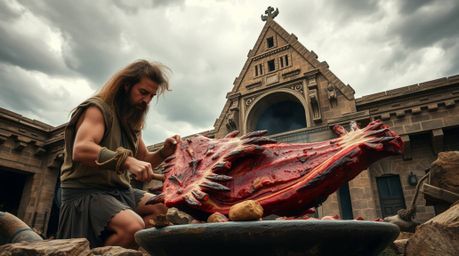 An architectural color photograph capturing a caveman cooking mammoth meat in precise detail under dramatic weather condition
