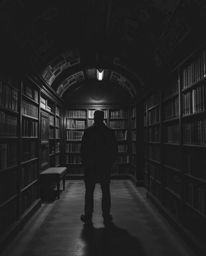 Discover the enchanting allure of a hidden underground library, captured in classic black and white. This image focuses on ri