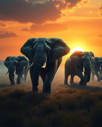 This is a large-scale digital painting of elephants walking across a futuristic field at sunset. The scene is designed to be 