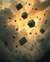Experience a surreal storm where gravity is shattered and ordinary objects take flight. Bathed in the soft, warm glow of the 