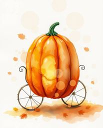 A captivating watercolor painting depicts a magical pumpkin transforming into a carriage, filled with warm autumn hues.  The 