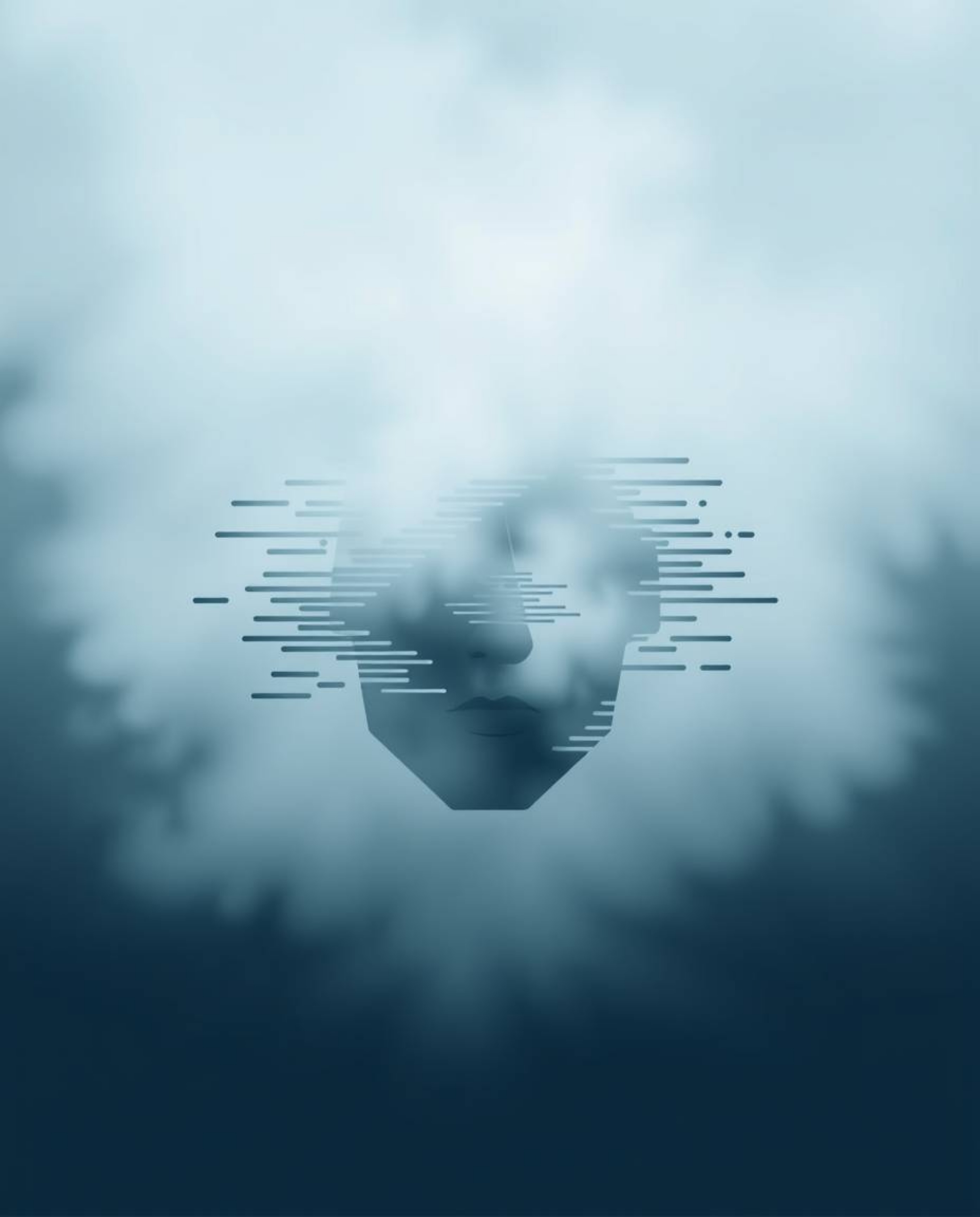 This striking geometric logo features a human face undergoing a digital transformation, glitching into a mesmerizing data str