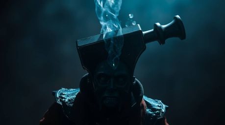 A captivating scene depicting an anvil poised to drop on a trickster character, rendered with iridescent colors and reflectio