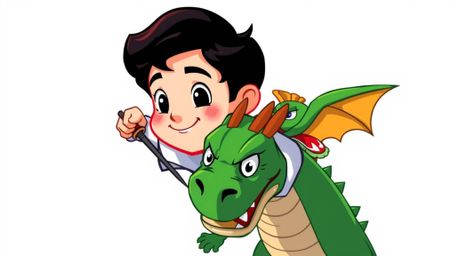A unique logo design featuring a charming prince with rosy cheeks and dark hair bravely fighting a vibrant green dragon. Insp