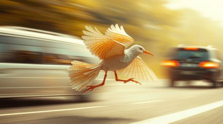Explore a collection of art pieces inspired by the fleeting beauty of a fast-running bird juxtaposed against the modern chaos