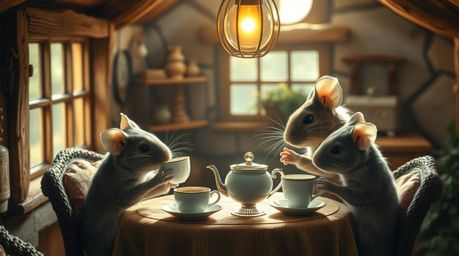 A captivating fine art photograph showcasing anthropomorphic mice enjoying a delightful tea party within a cozy cottage, bath