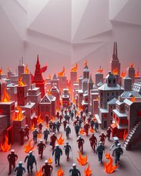 An intricate origami-style depiction of a city consumed by flames, with people fleeing in all directions. The artwork showcas