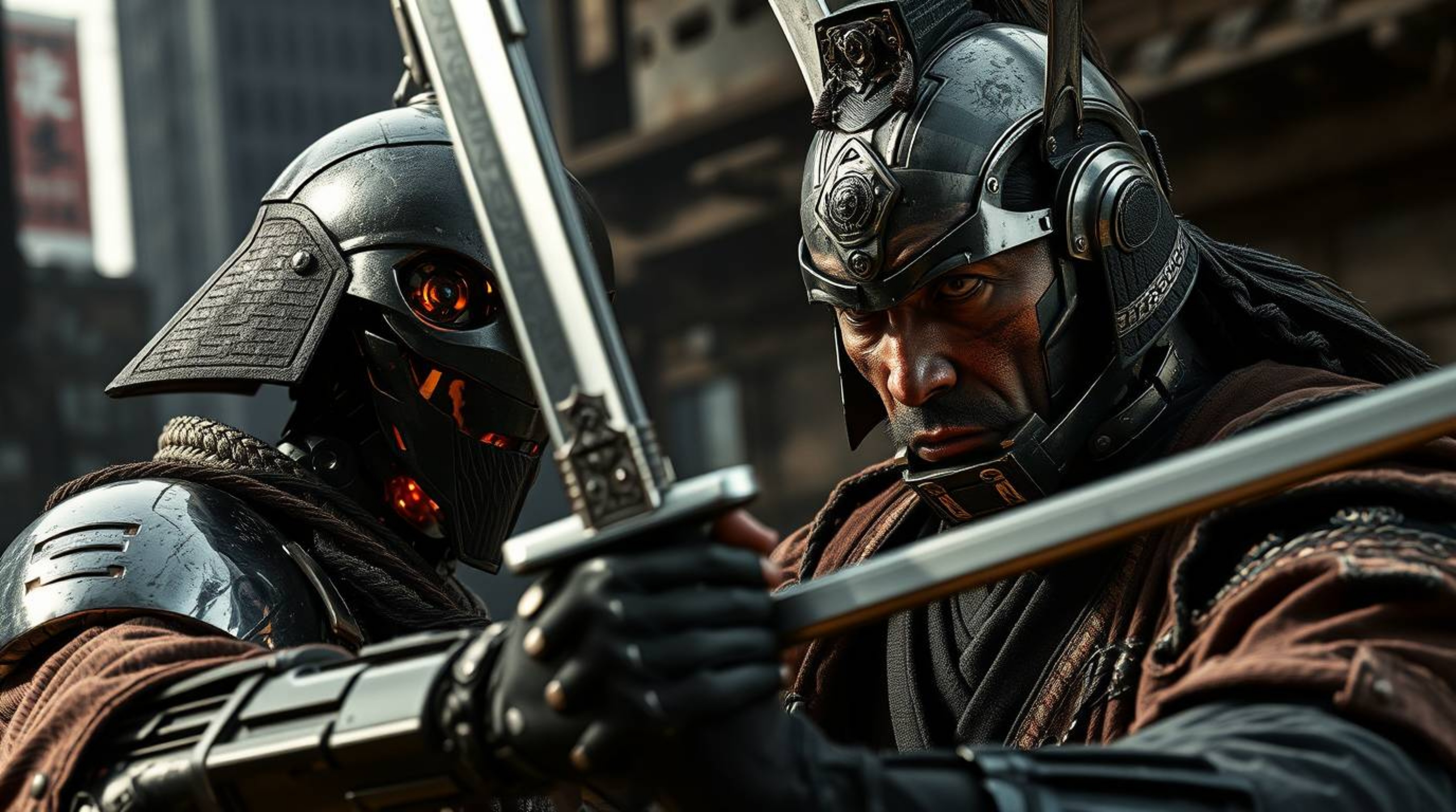 A weathered samurai with piercing eyes confronts a sleek chrome robot in a gritty, dystopian cityscape.  The dramatic chiaros