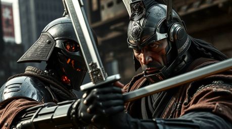 A weathered samurai with piercing eyes confronts a sleek chrome robot in a gritty, dystopian cityscape.  The dramatic chiaros