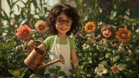 In a vibrant, whimsical, and highly detailed digital photograph reminiscent of Pixar's stylized realism, a bespectacled, curl