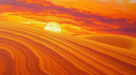 A stunning extreme macro close-up oil painting depicts a vibrant sunset over golden desert dunes.  The artwork showcases rich