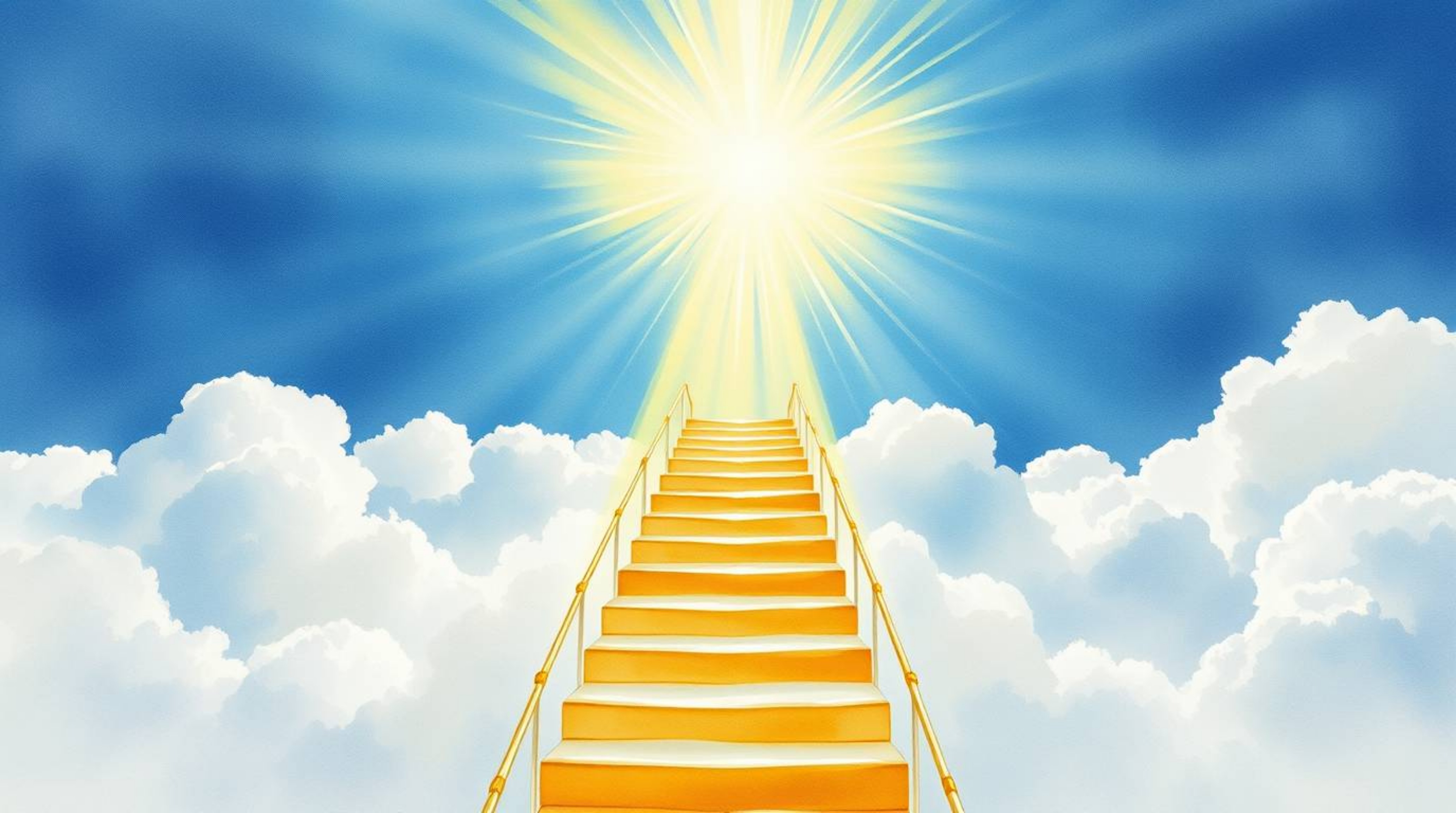 A breathtaking watercolor painting depicts a golden staircase ascending through ethereal clouds towards a radiant heaven.  Su