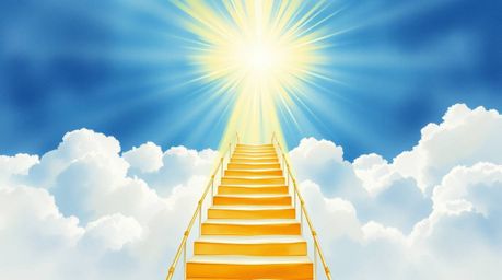 A breathtaking watercolor painting depicts a golden staircase ascending through ethereal clouds towards a radiant heaven.  Su