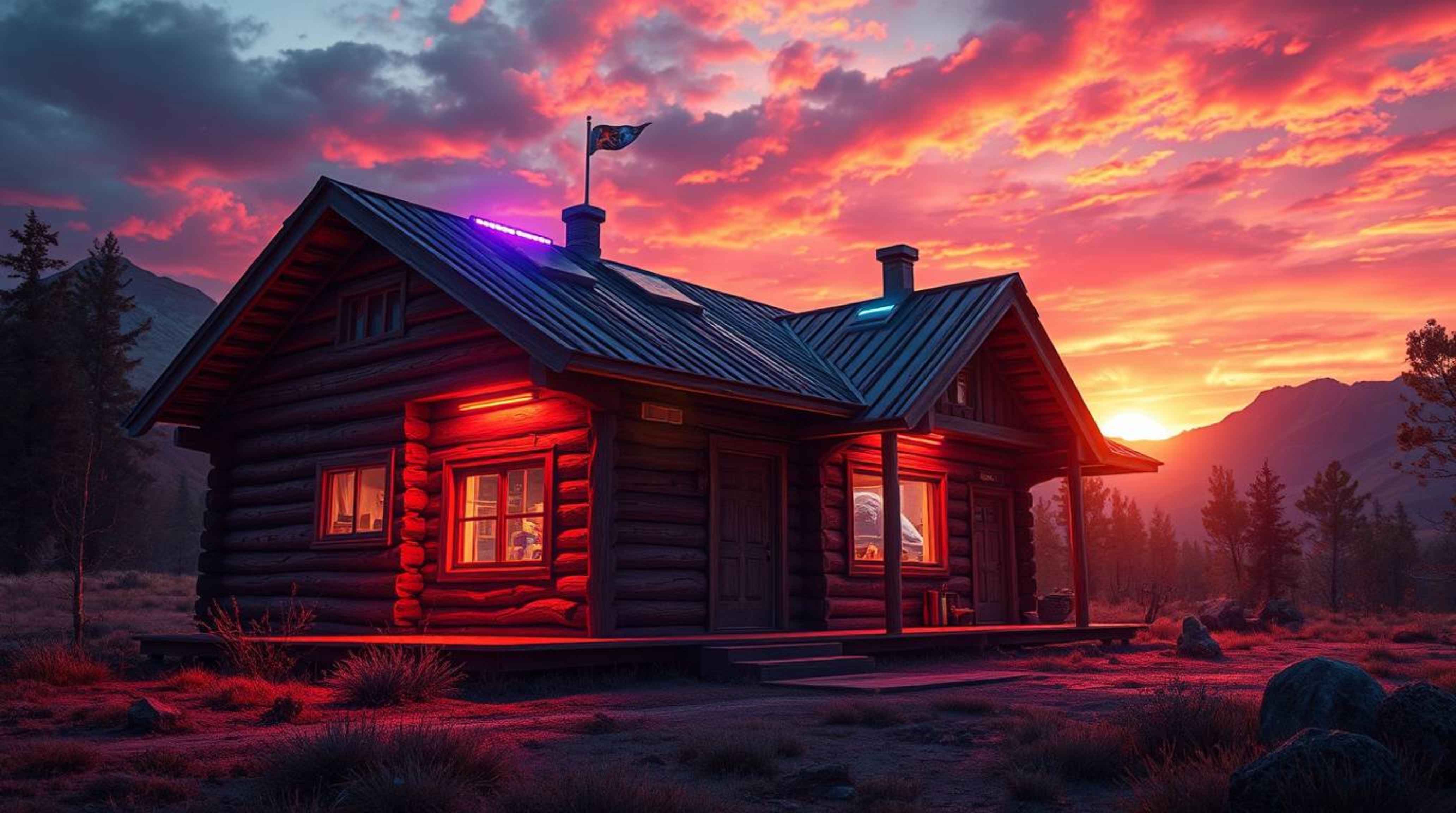 Immerse yourself in a futuristic sci-fi vision of an old wooden cabin bathed in the vibrant hues of a sunset. Advanced techno