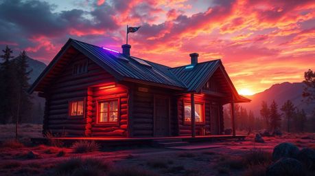 Immerse yourself in a futuristic sci-fi vision of an old wooden cabin bathed in the vibrant hues of a sunset. Advanced techno