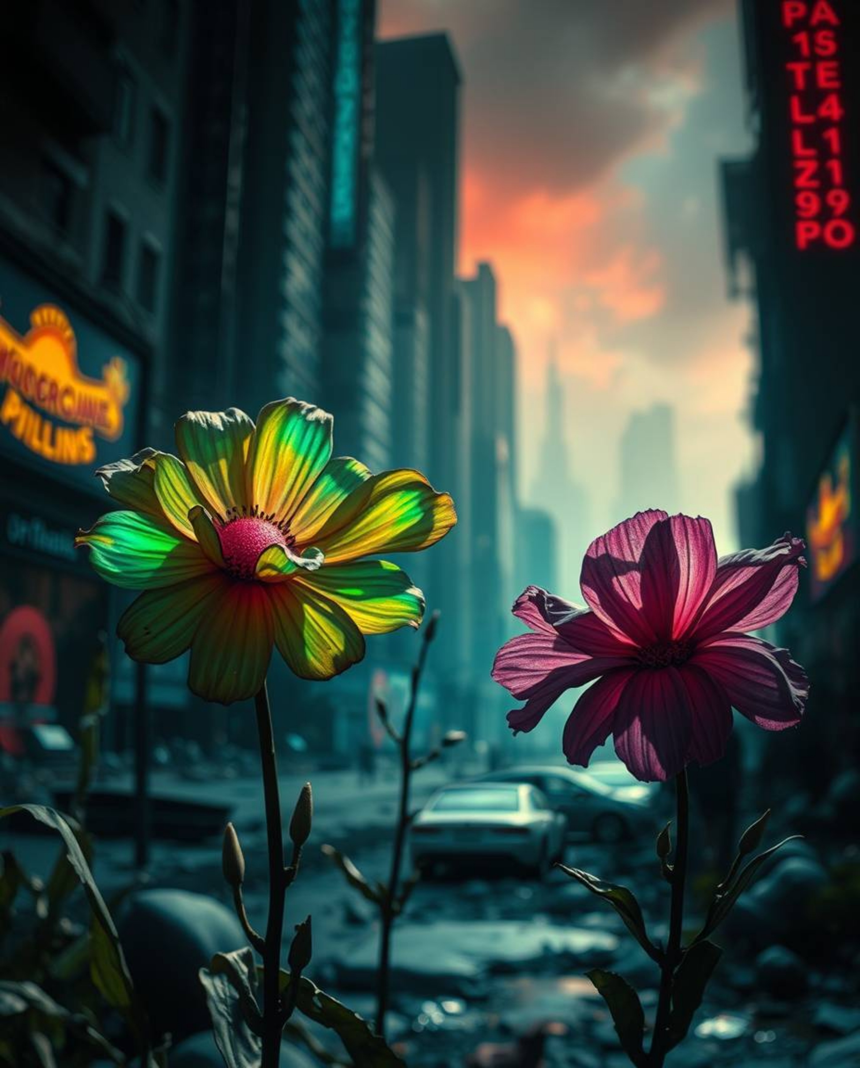 Discover breathtaking imagery of iridescent flowers blooming amidst the ruins of a post-apocalyptic city.  Strong contrasts a
