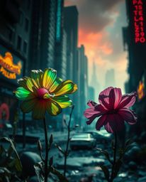 Discover breathtaking imagery of iridescent flowers blooming amidst the ruins of a post-apocalyptic city.  Strong contrasts a