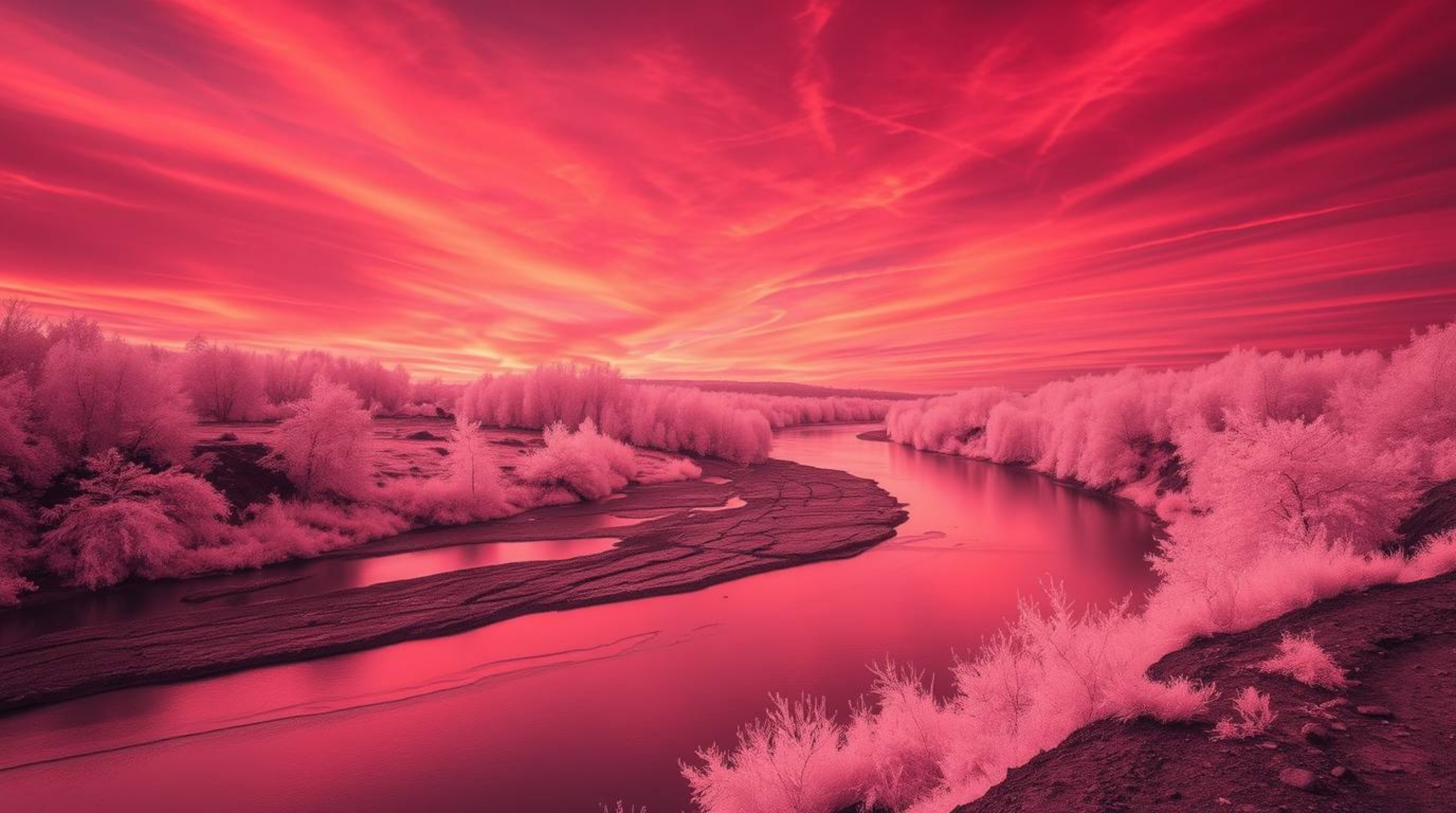A mesmerizing infrared photograph captures a winding river bathed in the dramatic glow of an orange-pink sunset.  The surreal