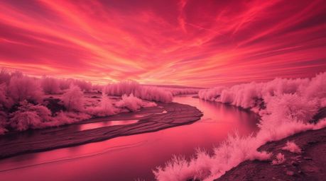 A mesmerizing infrared photograph captures a winding river bathed in the dramatic glow of an orange-pink sunset.  The surreal