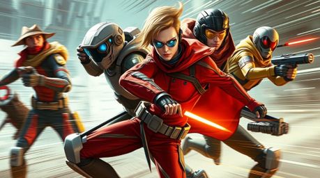 A dynamic image portrays a team of misfit heroes immersed in a futuristic sci-fi setting. Blurred lines and action poses acce