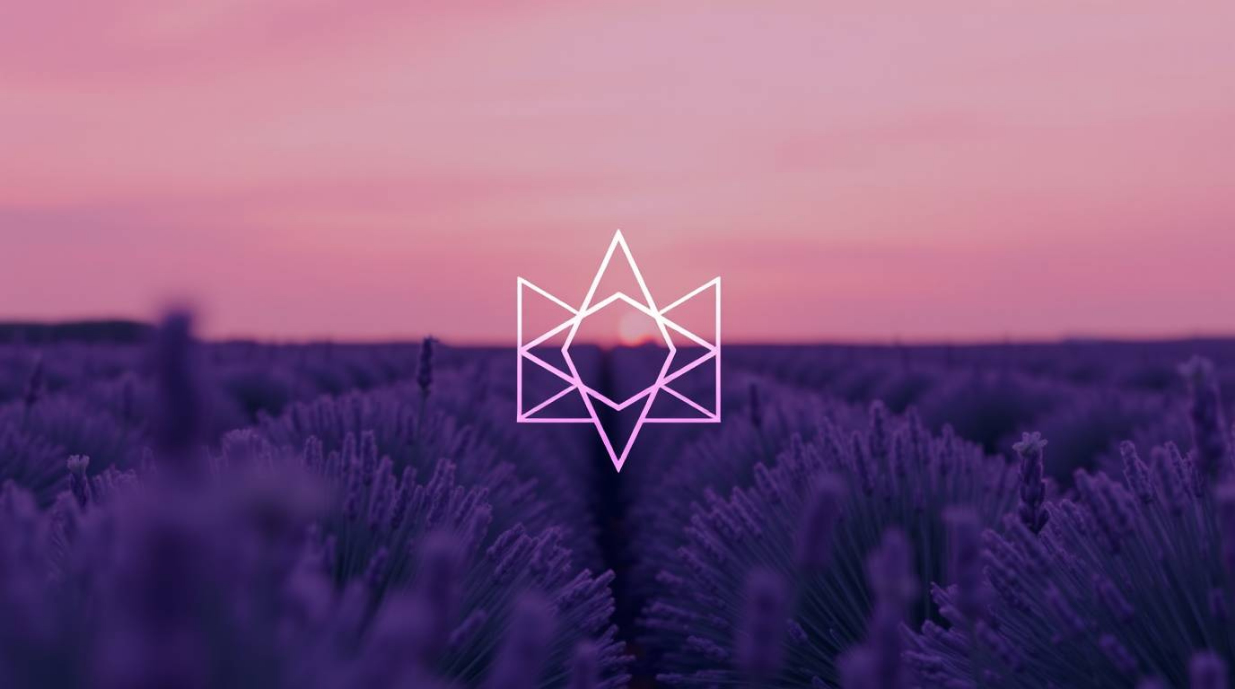 This geometric logo, inspired by a lavender field bathed in a dreamy pink sky, utilizes clean lines and balanced shapes to ac