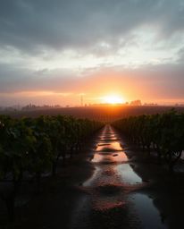 This unusual and original fine art photograph captures a soft, warm sunset over a vineyard during a drizzling rain. The wet, 