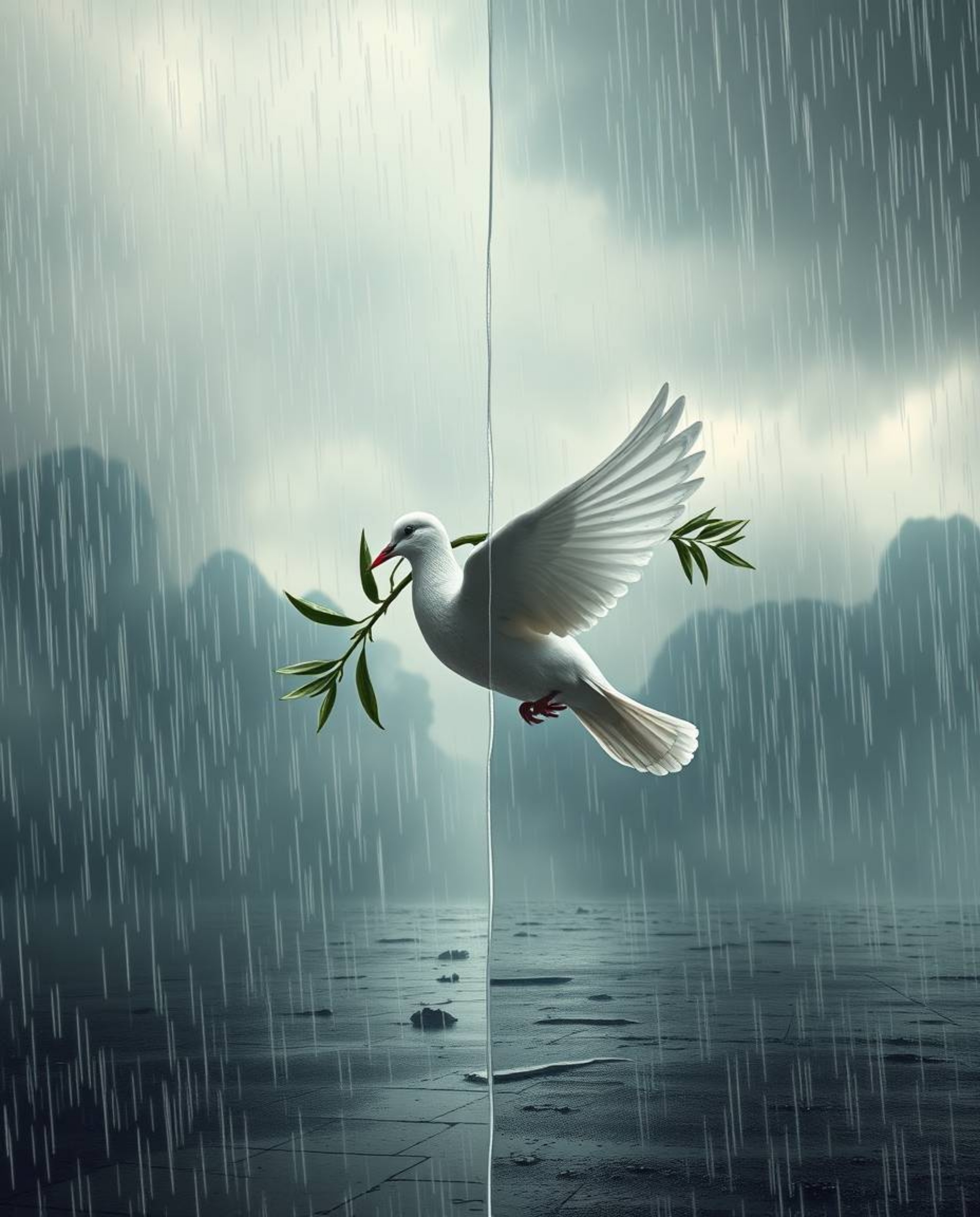 A captivating digital artwork depicting a dove carrying an olive branch amidst stormy skies.  The scene is dramatically split
